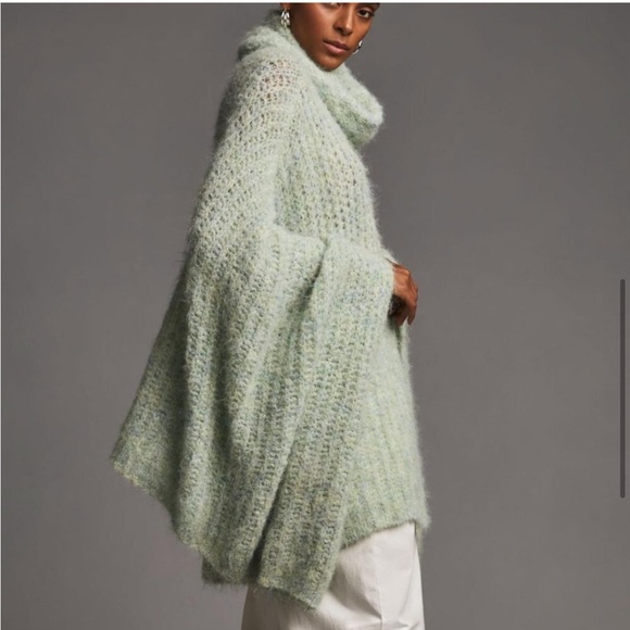 Anthropologie green funnel neck poncho sweater womens OS fuzzy cozy - Picture 2 of 10